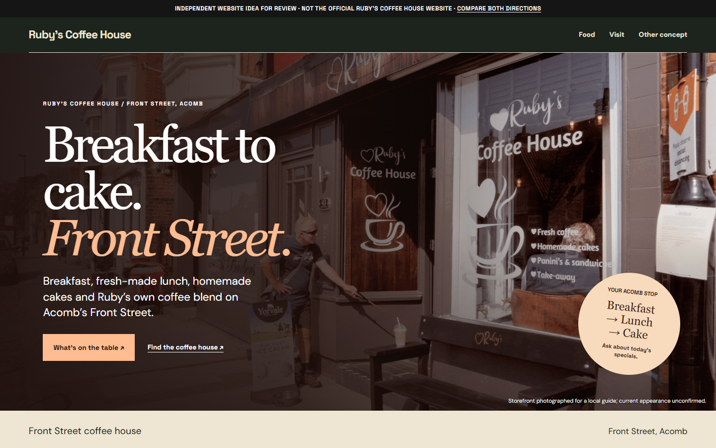 First screen of Ruby’s Coffee House homepage study A