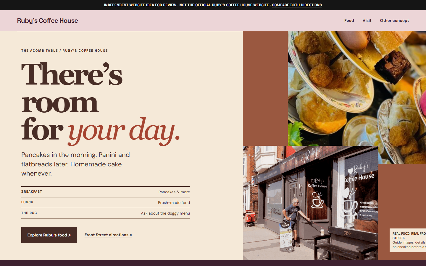 First screen of Ruby’s Coffee House homepage study B